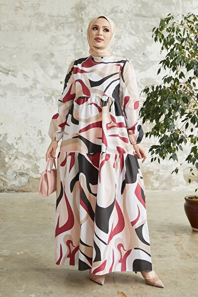 InStyle Šaty s opaskom s kusovým vzorom Delya - Claret Red