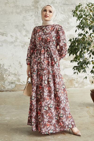 InStyle Φόρεμα Felara Flower Pattern ζωσμένο - Bitter Brown