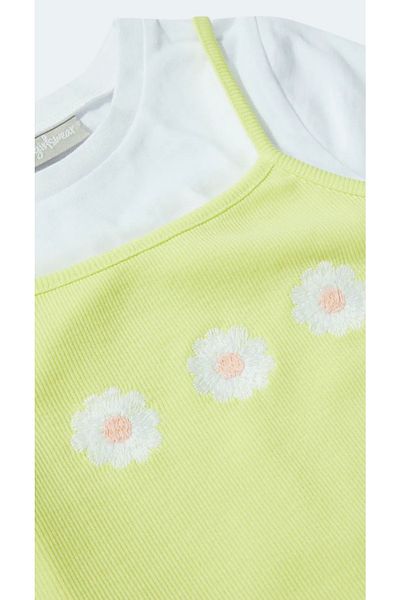 Kübra Tekstil Set rochie și tricou cu margarete verzi pentru fete