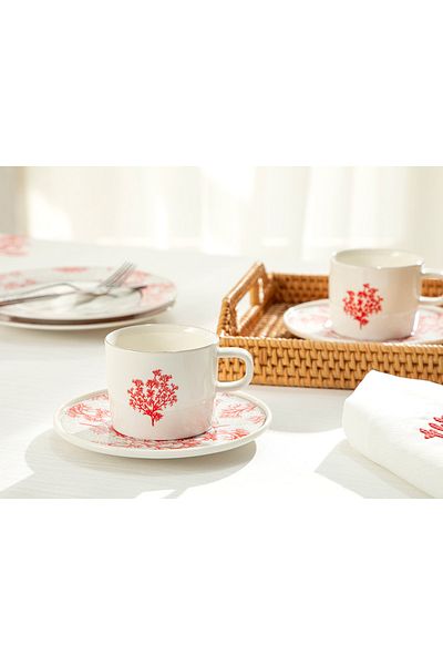 English Home Desire Soap Coral Ref Bone Porcelain 2-Piece Teacup Set 200 ml Gray - Red