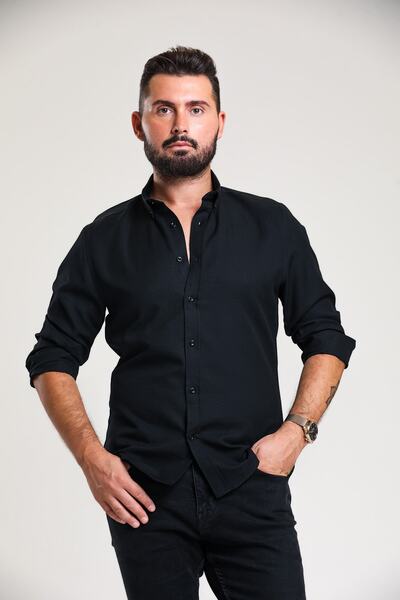 Cartellini Cămașă neagră Oxford pentru bărbați, cu nasturi, cu rever, slim fit