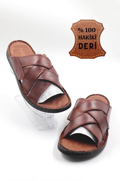 nazenintasarımlar Men's Genuine Leather Soft Sole Massage Tan Slippers