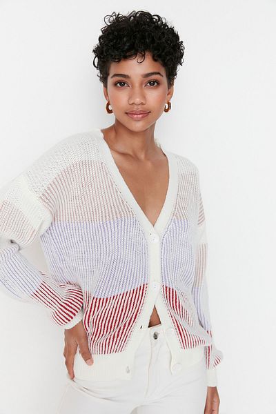 Trendyol Collection Ecru Striped Knitwear Cardigan TWOAW23HI00179