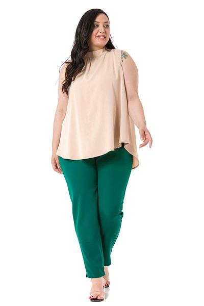 DISENTIS MODEST Plus Size Emerald Green Trousers with Elastic Waist and Side Zipper and Slits on the Leg