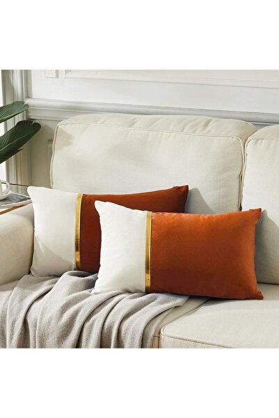 Bc Home 2'li Kiremit- Krem Altın Deri Aksesuarlı Kadife Görünümlü Dikdörtgen ...