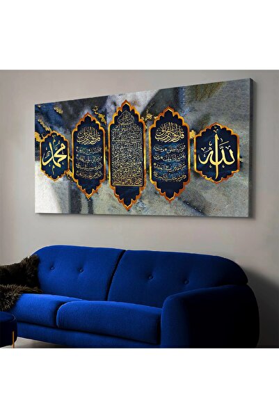 Zevahir Mobilya Dekorasyon Kanvas Mavi Üzeri Altın Ayet Dini Yatay Tablo