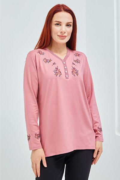 Fresh&Moda Kadın Pembe V Yaka Düğmeli Çiçekli Likralı Anne Penye Bluz