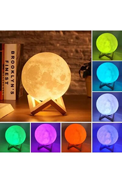 Sildne 3d Ahşap Standlı Ay Gece Lambası Dekoratif Küre Led