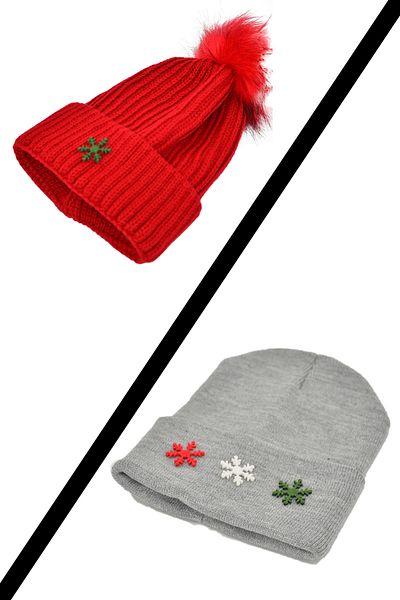 mottomia New Year's Snow Grain Figured Red-gray Colored Women's/Men's Gift Beanie Set of Two| Christmas Hat