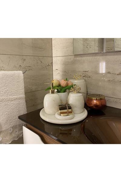 Sümeyra Marble Art Decorative White Marble Bathroom Set Set of 7 Gold Detailed Design Set