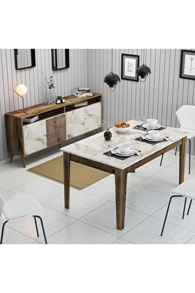 Variant Mobilya Variant Milan Yemek Odası Takımı V1003- Ceviz / Beyaz Mermer