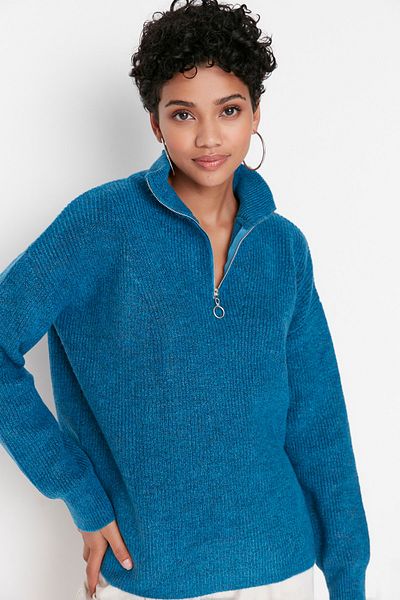 Trendyol Collection Pulover albastru din tricotaje cu fermoar cu textura moale TWOAW20XS0009