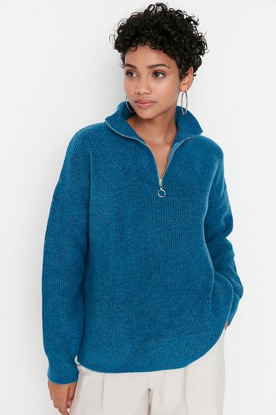 Trendyol Collection Pulover albastru din tricotaje cu fermoar cu textura moale TWOAW20XS0009