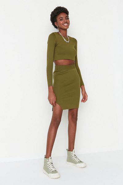 Trendyol Collection Khaki Super Crop szoknyás kötöttáru felső és alsó készlet TWOAW23AU00009