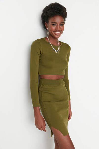 Trendyol Collection Khaki Slit Detailed Super Crop Knitwear Bottom-Top Set