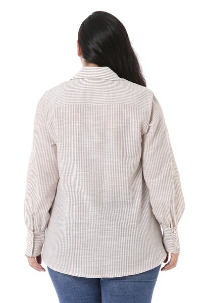 DISENTIS MODEST Cămașă de damă cu dungi bej de mărime Plus, cu mâneci îndoite și manșete largi