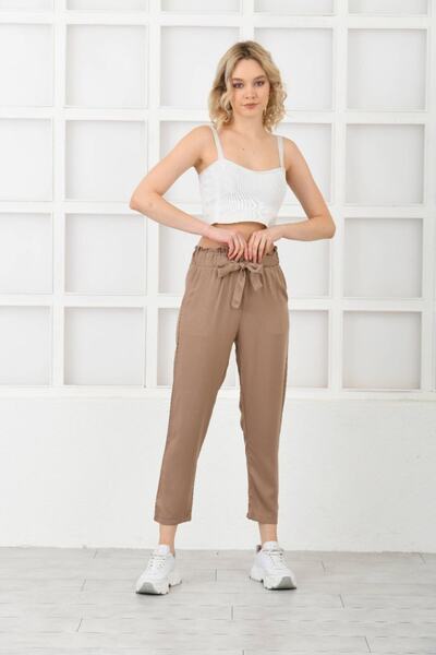 diaves Women's Summer Belmando Fabric Elastic Waist Belt Detail Brown Linen Trousers