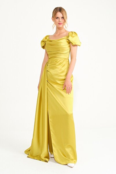 SpringStore Fıstık Yeşil Düşük Omuz Yırtmaçlı Saten Abiye Elbise