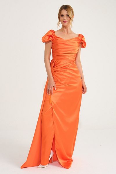 SpringStore Rochie de seară din satin portocaliu cu umeri