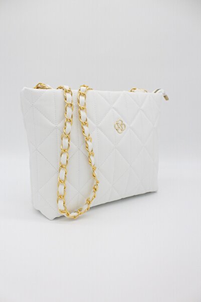 besmoda Geantă de mână și de umăr cu un singur compartiment, cu lanț matlasat, albă