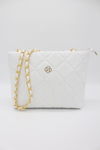 besmoda Geantă de mână și de umăr cu un singur compartiment, cu lanț matlasat, albă