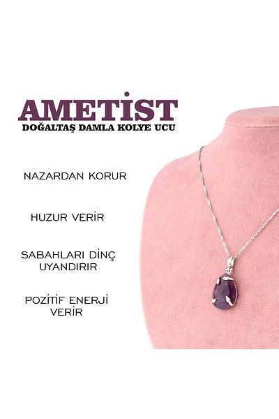 OSMANLI DEĞERLİ TAŞ Certified Amethyst Natural Stone Drop Pendant with Silver Chain M437