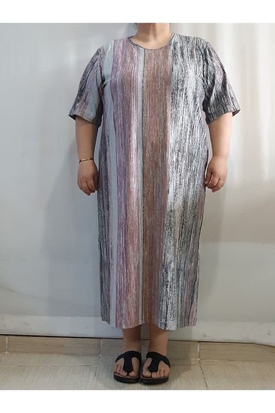 Mertcan Butik Ριγέ χτενισμένο βαμβακερό βισκόζη κοντομάνικο φόρεμα