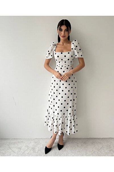 conconmoda Kadın Beyaz Puantiyeli Kısakollu Midi Boy Elbise