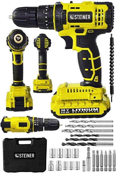 STEİNER Alman 58 V 5 Ah Darbeli Lityum Çift Akülü Sjs Metal Şanzıman Şarjlı Vidalama Matkap 24 Pcs Set