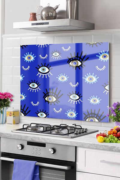 Olinpa Premium Kitchen Glass Stove Back Protector Countertop Built-In Back Protector 52X60Cm |   Eye Evil Eye Blue