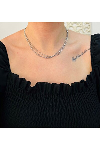 Markiz Takı قلادة ثلاثية فضية اللون من الفولاذ 40 سم