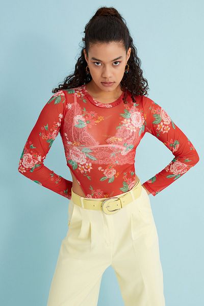 Bukamiss Women's Red Rose Patterned Tulle Sheer Bodysuit