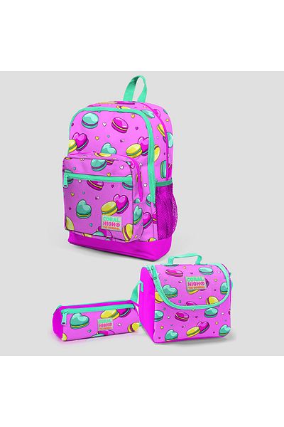 Coral High Set de genți pentru copii, roz deschis, cu model Macaron, cu patru compartimente, 3 piese 23462set02