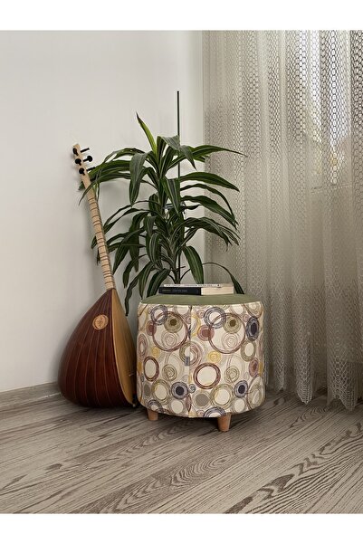 Papuli Ahşap Ayaklı Yuvarlak Yeşil Geometrik Desenli (sarı) Puf&bench Koltuk/tabure