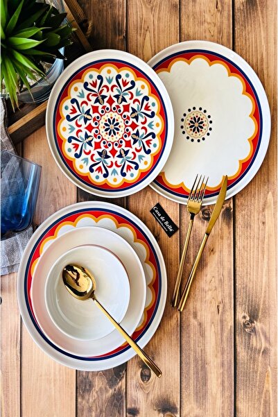 CASA DE BELLA Bohem 24 Parça 6 Kişilik Modern Gold Şeritli Yemek Takımı