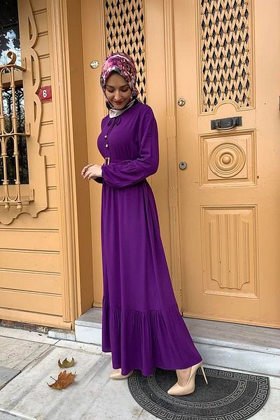 SGS Fashion Stripe Belt Detailed Hijab Dress Purple