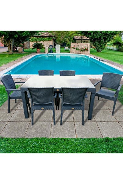 Sadık Plastik SP Capissi Rattan Antrasit Masa Takımı 90*150 Camlı Masa 6 Adet...