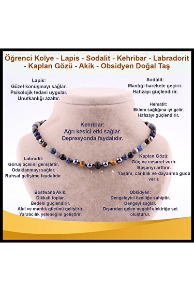 OSMANLI DOĞAL TAŞ Öğrenci Kolye  Lapis  Sodalit Kehribar Labradorit  Kaplan Gözü  Bostwana Akik  Hematit  ob