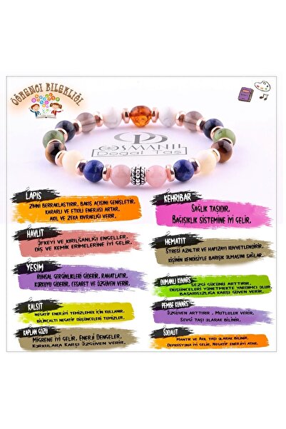 OSMANLI DOĞAL TAŞ Öğrenci Bilekliği-kehribar-yeşim-lapis-kalsit-dumanlı Kuvars-havlit-hematit-pembe Kuvars-doğal Taş-8