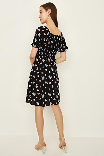Select Moda Γυναικείο μαύρο φλοράλ φόρεμα με μπαλόνι μανίκια