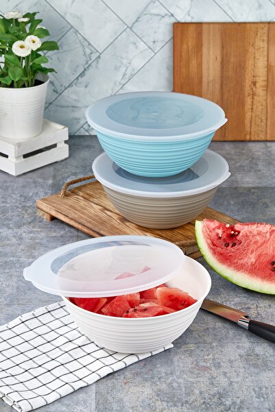 Poomy 3000 ml Capacity Striped Storage Set - 3-Piece Bowl with Lid