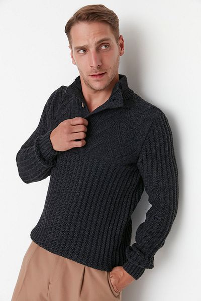 Trendyol Collection Anthrazitfarbener Unisex-Strickpullover aus halber Fischerwolle – geknöpft, TMNAW22KZ0327