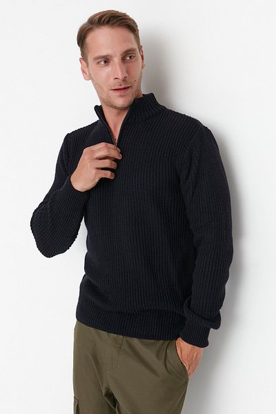 Trendyol Collection Námořnická modrá ležérní, pravidelný střih, pár/dvojitý rolák na zip, svetr Tmnaw22Kz1908