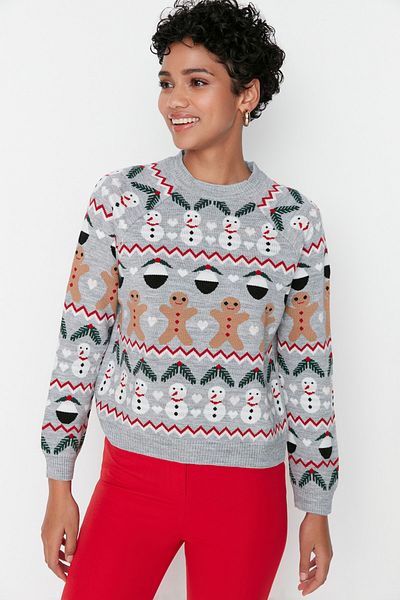 Trendyol Collection Gray New Year's Themed Jacquard Knitwear New Year's Themed Sweater TWOAW22KZ1626