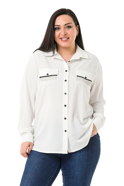 DISENTIS MODEST Plus Size White Shirt with Pockets and Chain Detail and Side Slits