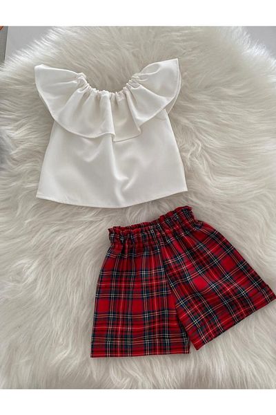 Moda Lina Baby Girl White Blouse & Red Plaid Patterned Shorts Set