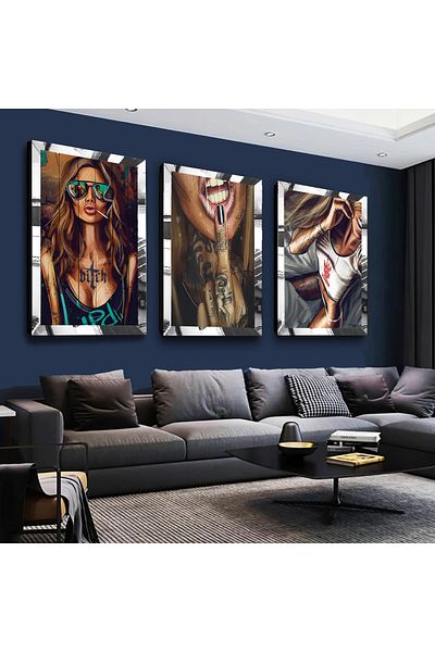 Zevahir Mobilya Dekorasyon Colaj de desen cu cadru din plexiglas cu oglindă argintie Femeie curajoasă poze Set de pictură din MDF triplu argintiu