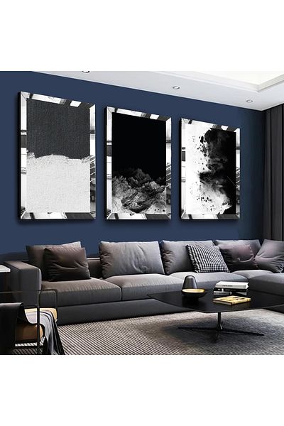 Zevahir Mobilya Dekorasyon Set de masă triplu MDF modern argintiu alb negru cu cadru din plexiglas cu oglindă argintie