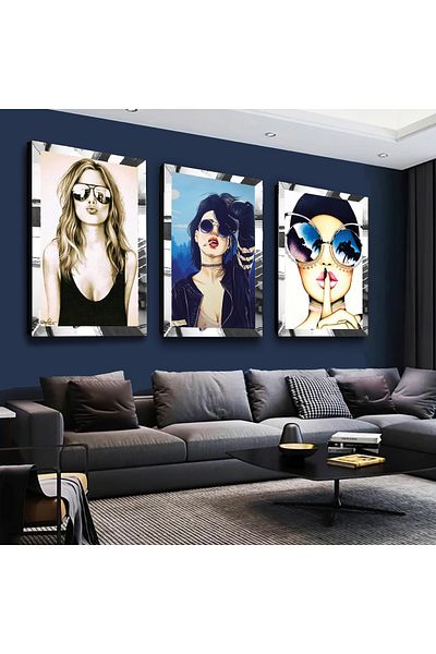 Zevahir Mobilya Dekorasyon Set de pictură din MDF triplu argintiu pentru femei cu ochelari cu rame din plexiglas cu oglindă argintie