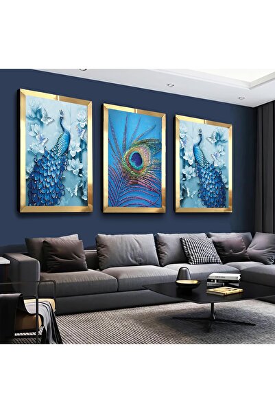 Zevahir Mobilya Dekorasyon Set de masă din MDF triplu cu păun albastru cu cadru din plexiglas oglindă aurie